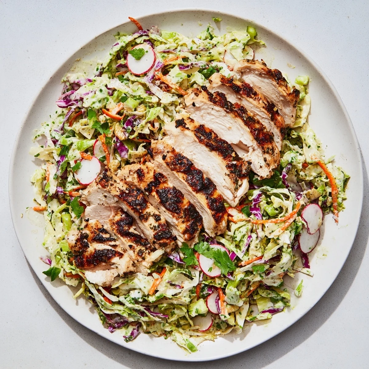 Imagine the creamy, green dressing coating the fresh Green Goddess Cabbage Slaw served with chicken.