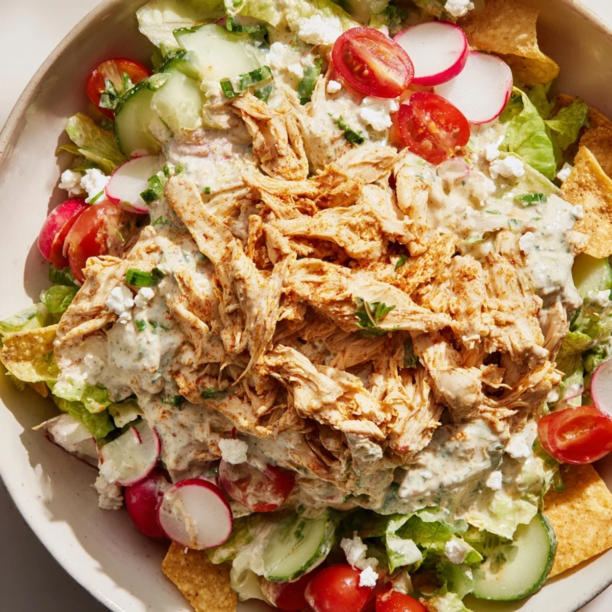 Creamy Green Goddess Chicken Nacho Dip, topped with warm chicken and fresh herbs, ready for scooping.