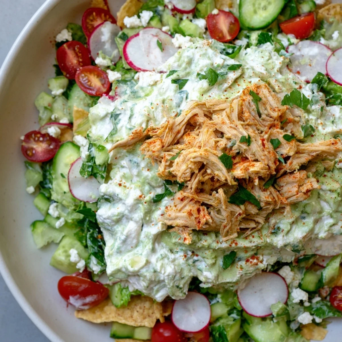 A close-up shot of Green Goddess Chicken Nacho Dip, featuring vibrant green dip and crispy tortilla chips.