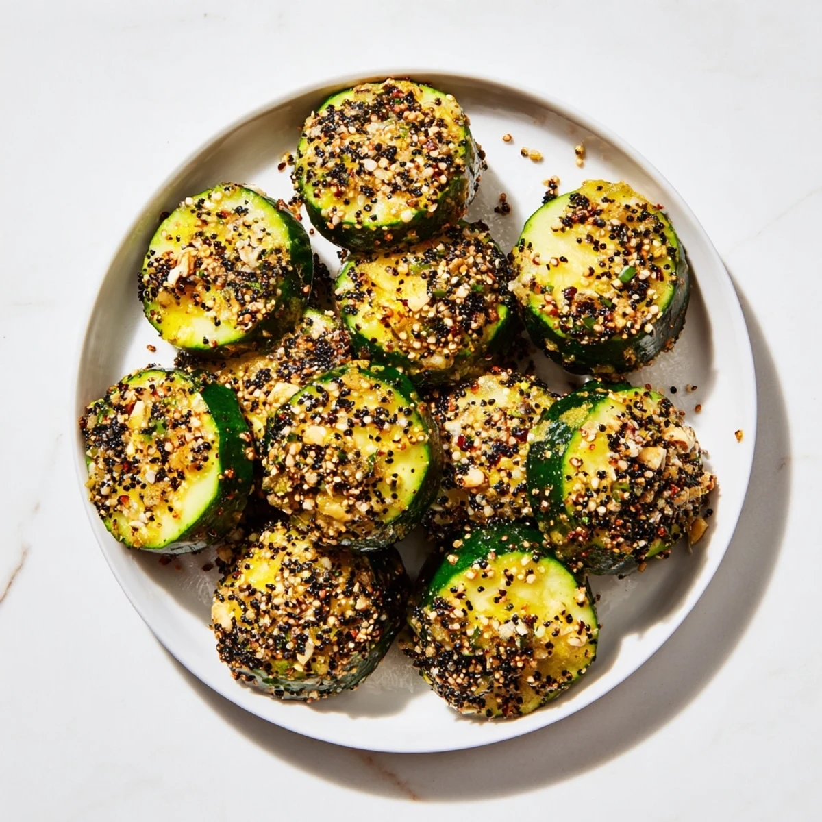 Fresh, vibrant Cucumber Shaker with Everything Bagel Seasoning, perfectly seasoned and ready to enjoy.