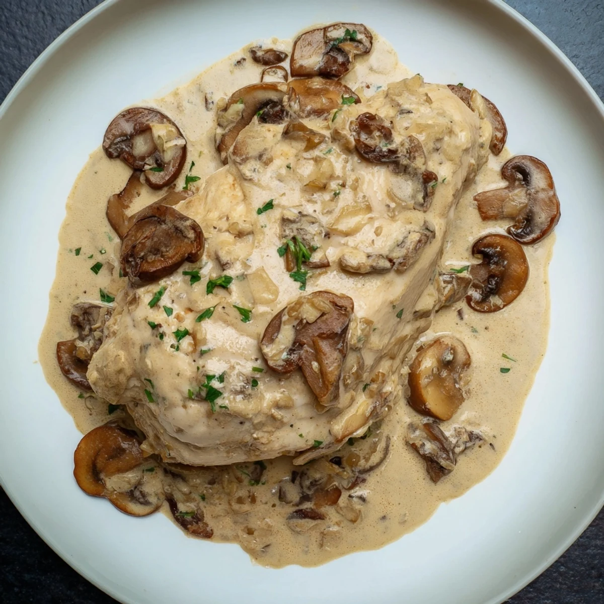Tender Tarragon Chicken & Mushroom Skillet featuring juicy chicken in a creamy, herb-infused sauce.