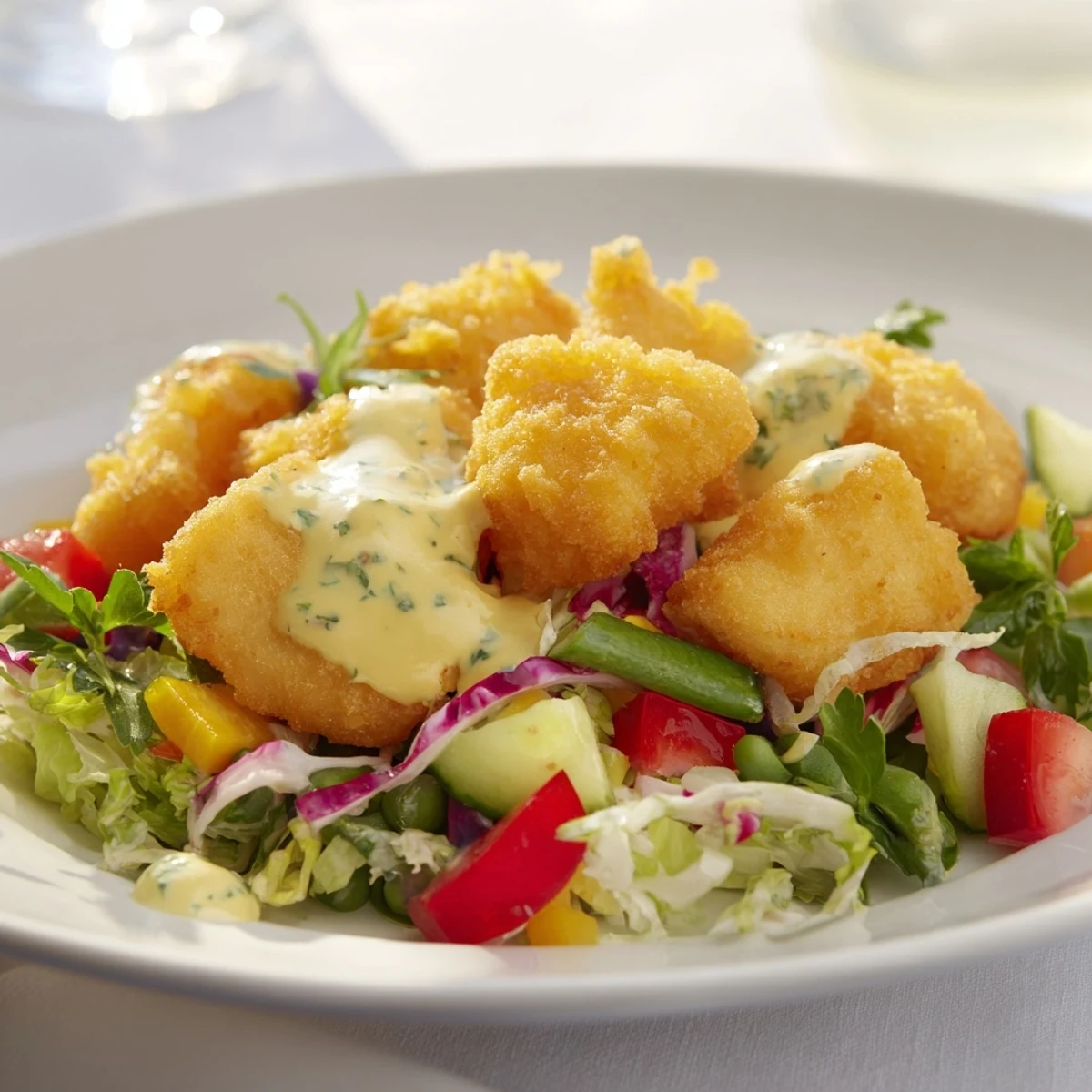 Crispy air-fried chicken nuggets atop a vibrant Green Goddess Nugget Salad, perfect for lunch.