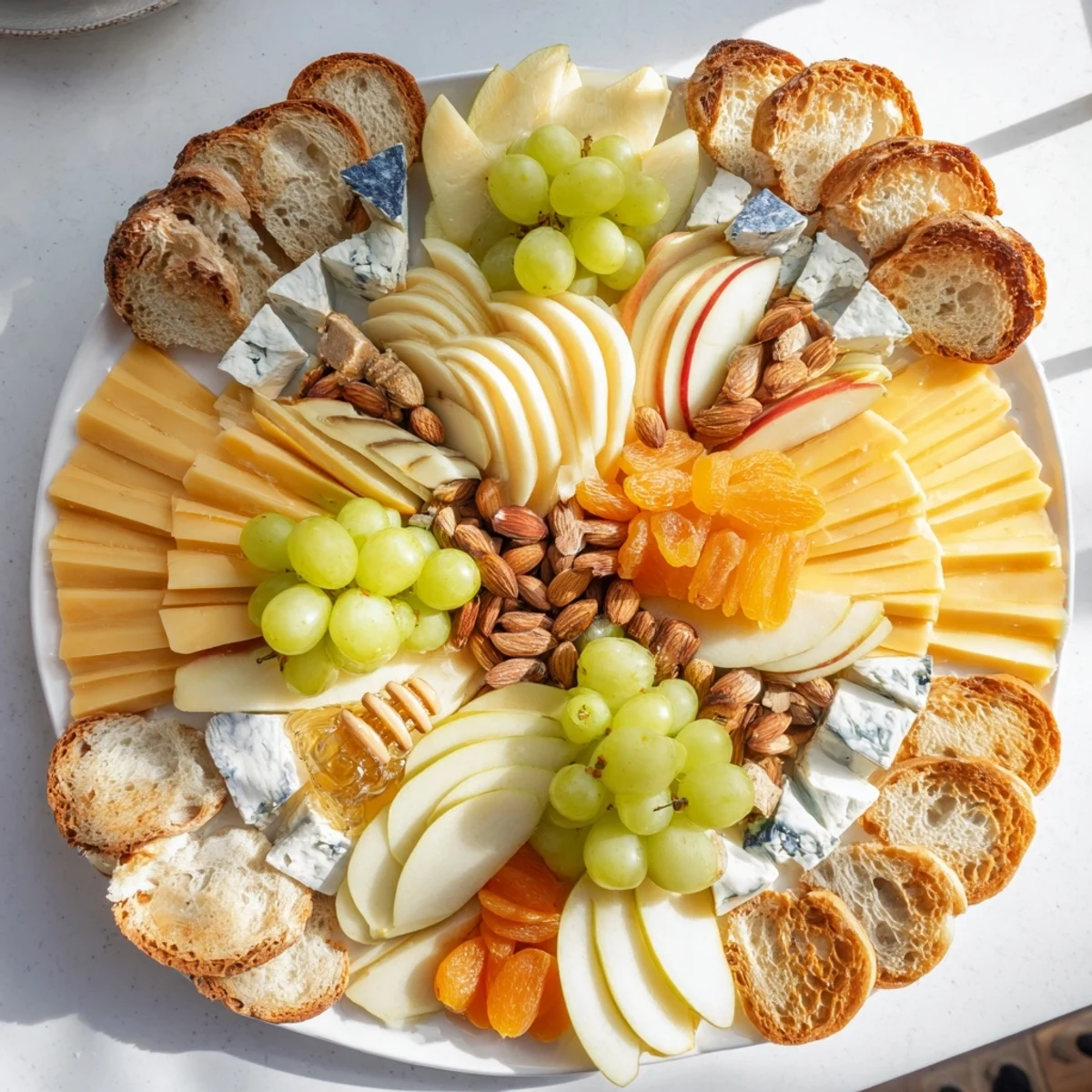 Art Deco Arch Cheese Platter with layered cheddar, gruyere, and manchego, ready to serve and enjoy.