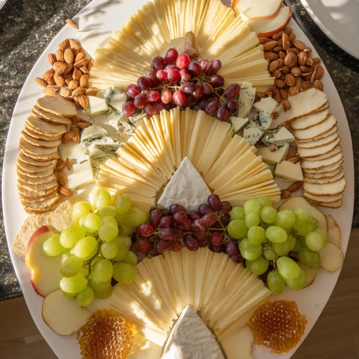 This elegant Art Deco Arch Cheese Platter features arranged cheeses, grapes, and nuts, perfect for entertaining.