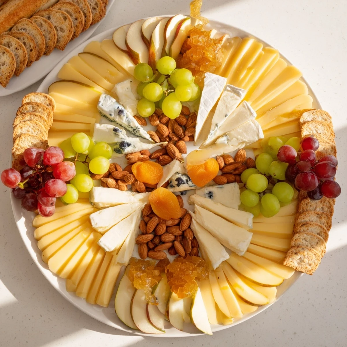 Symmetrical cheese fans star in the Art Deco Arch Cheese Platter, complemented by fruit and crackers for a stunning appetizer.