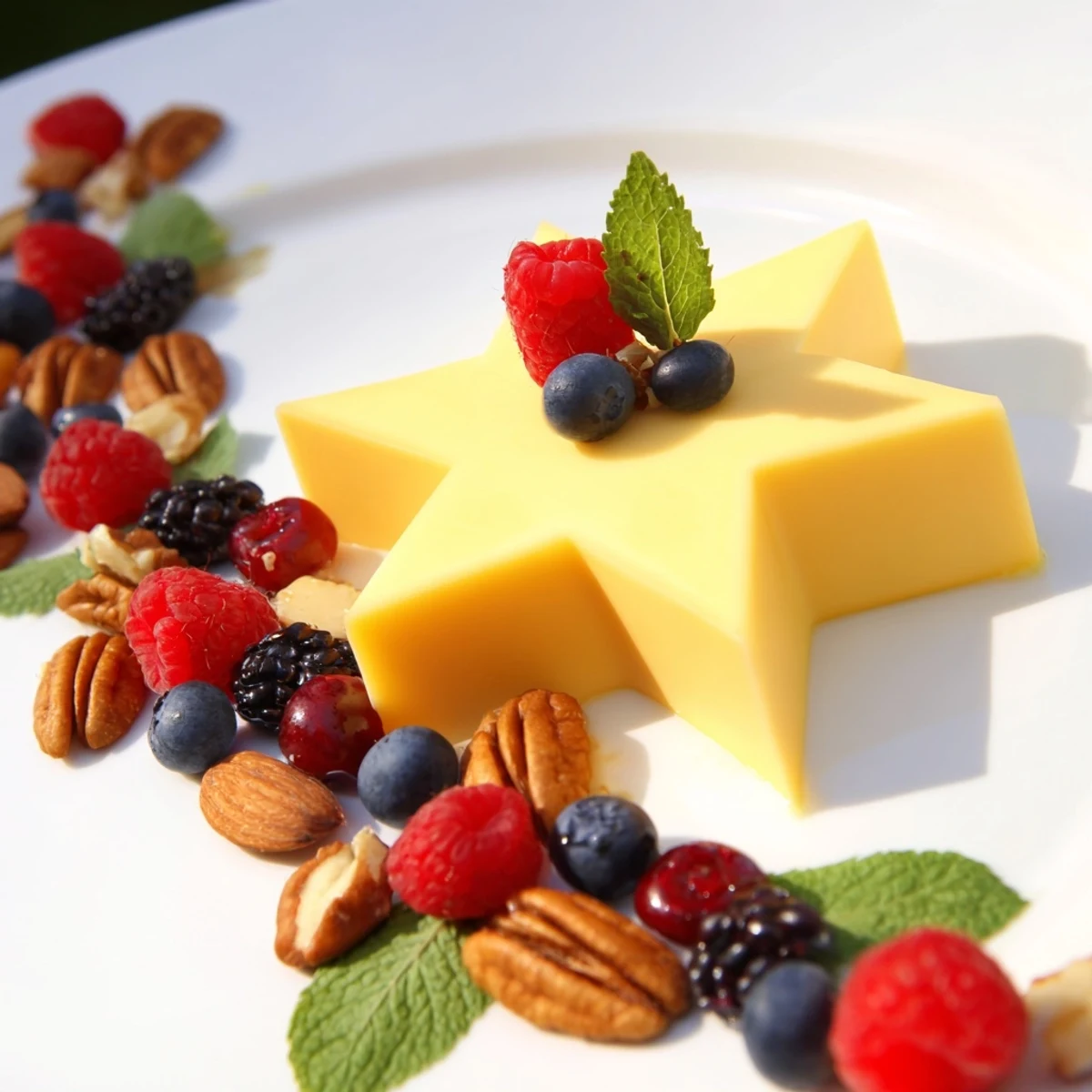 Vibrant Shooting Star Cheese Board scene with star cheese, an explosion of berries and nuts.