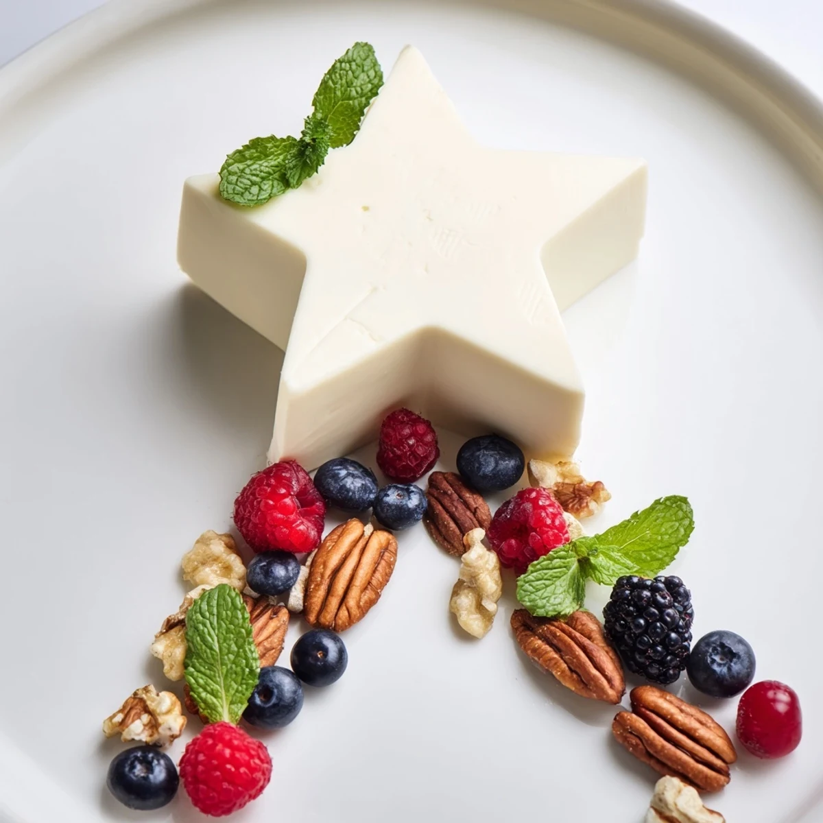 Festive Shooting Star Cheese Board: star-shaped cheese, nut tail with juicy berries for parties.