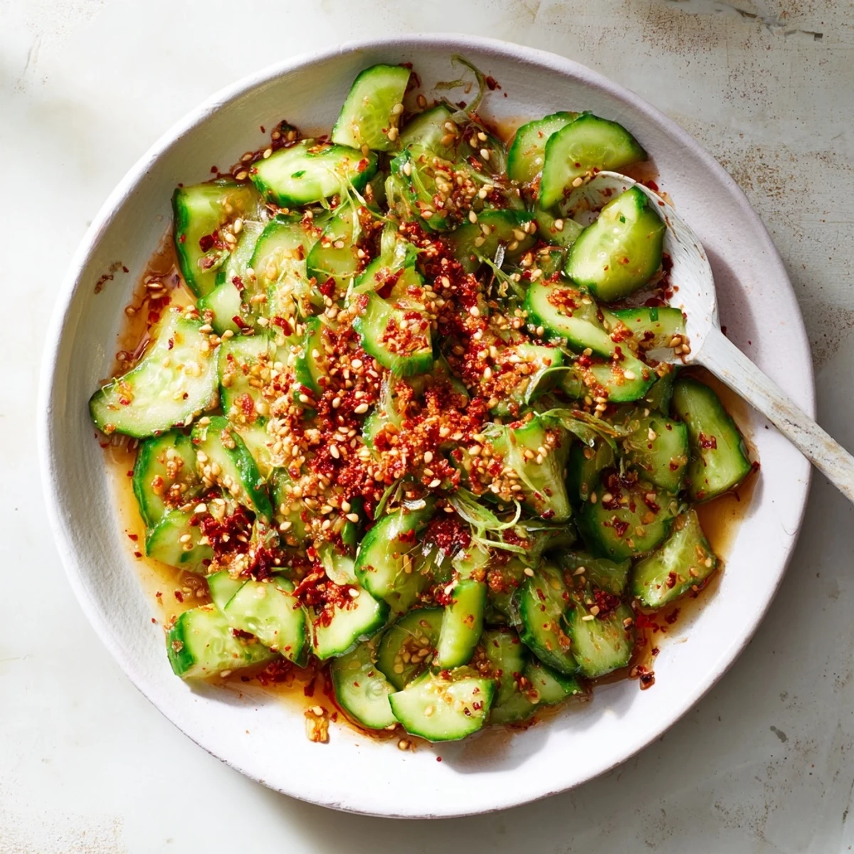 Crisp, vibrant Cucumber Shaker Salad with chili crisp, a refreshing Asian-inspired side dish ready to enjoy.