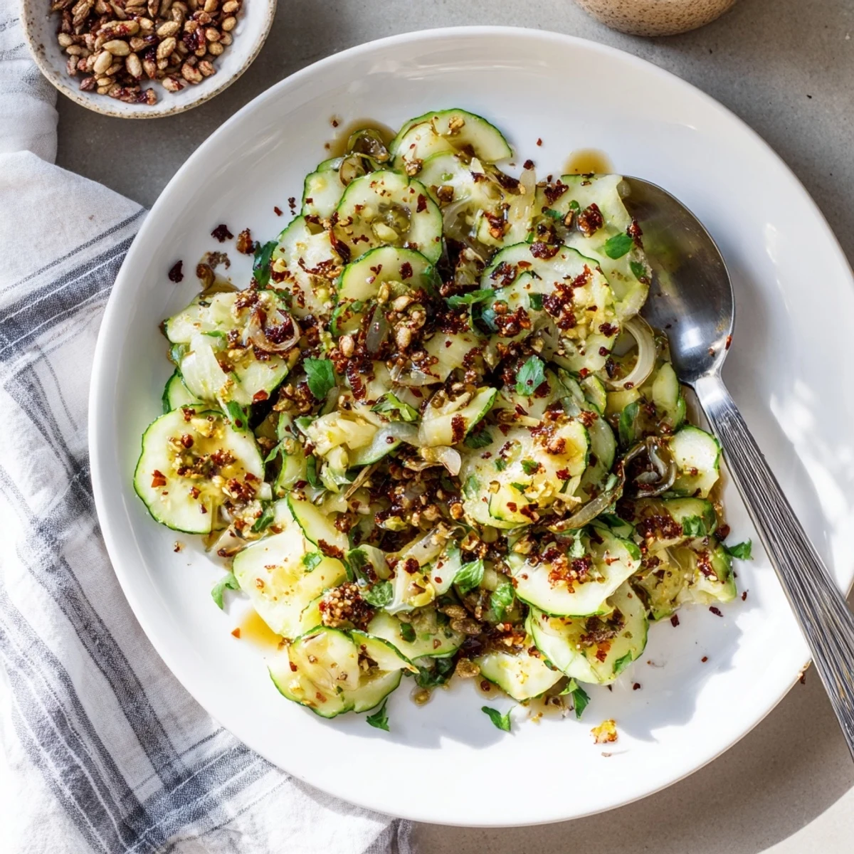 Close-up of a Cucumber Shaker Salad: crunchy cucumbers lightly dressed, speckled with sesame seeds and chili crisp.