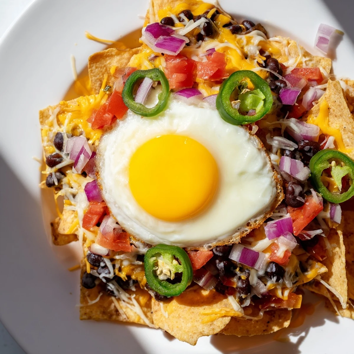 Golden, bubbly Egg-Topped Breakfast Nachos with runny egg yolks ready to be devoured.