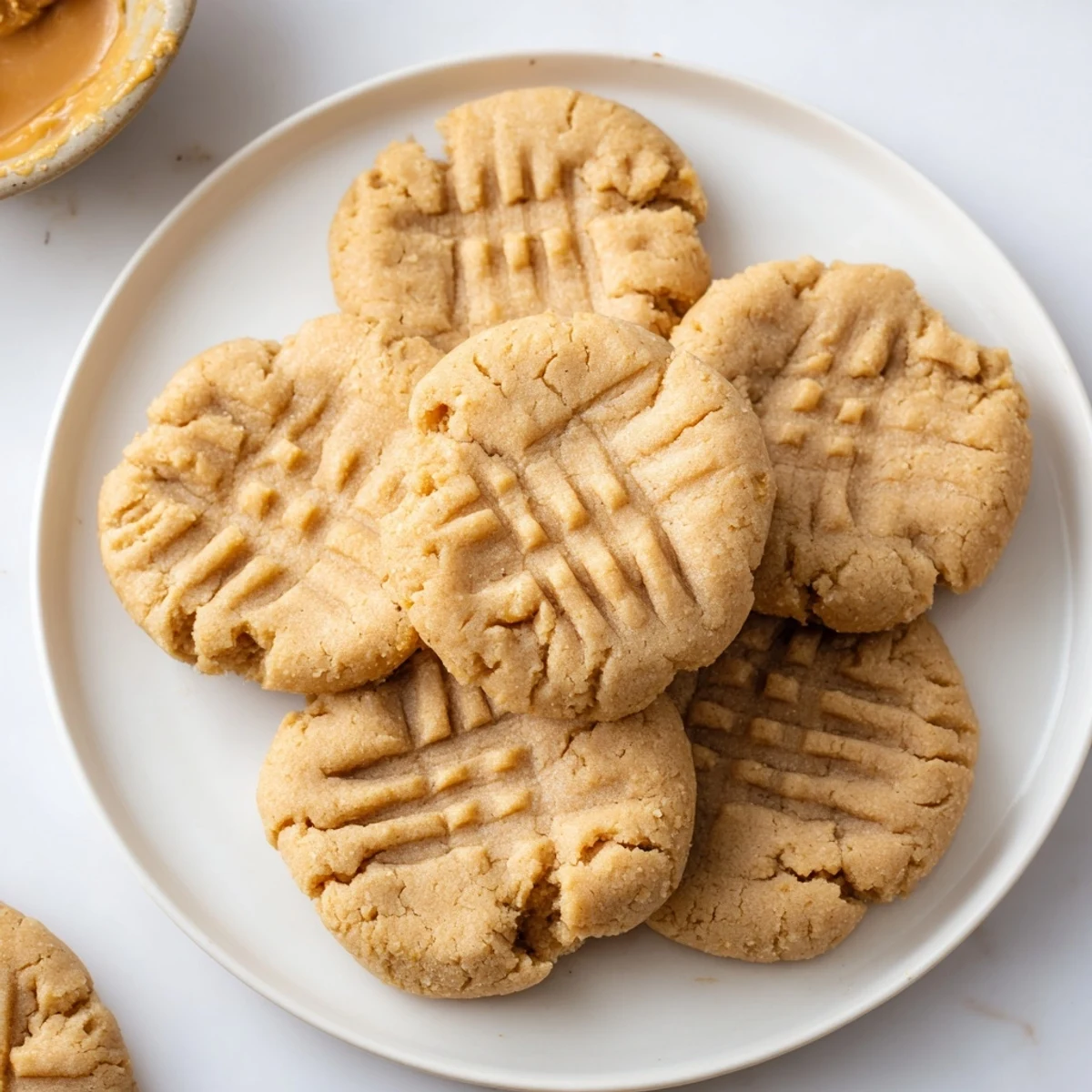 Golden-brown Flourless Peanut Butter Cookies, perfectly flattened and ready to enjoy with a glass of milk.