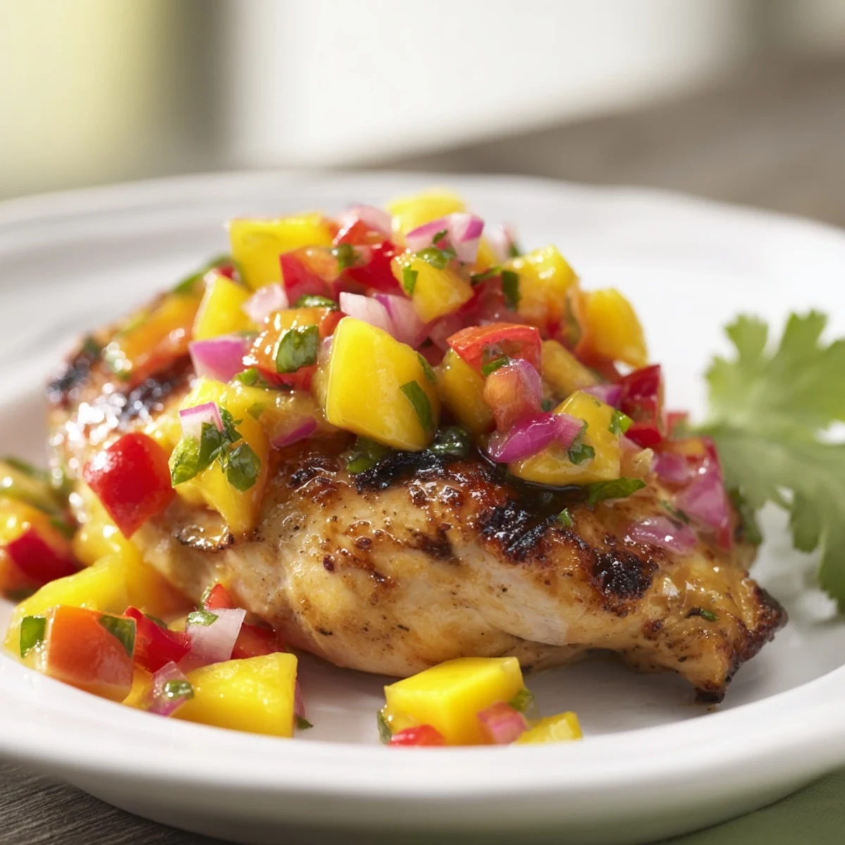 Grilled Mango Salsa Chicken with bright, colorful salsa ready to be devoured at a summer BBQ.