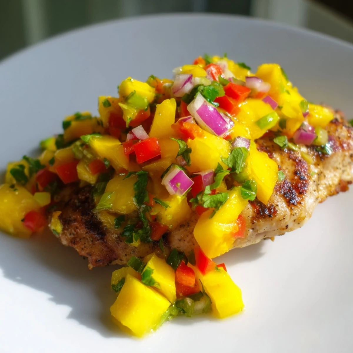 Freshly grilled chicken breasts with a cool, refreshing mango salsa, perfect for a light lunch.