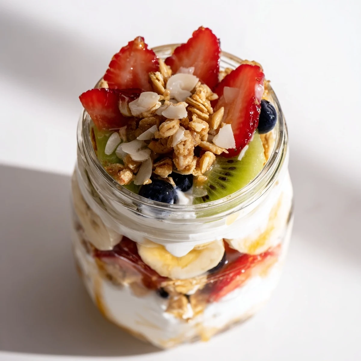Layered yogurt fruit parfait with vibrant berries and creamy yogurt; a visually appealing breakfast.