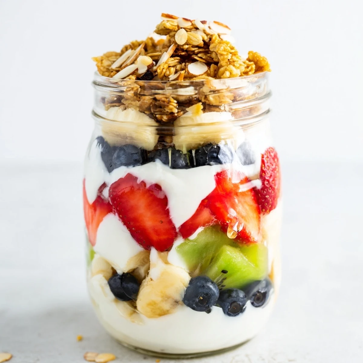 Healthy layered yogurt fruit parfait featuring fresh fruit, granola, and a drizzle of honey, delicious!