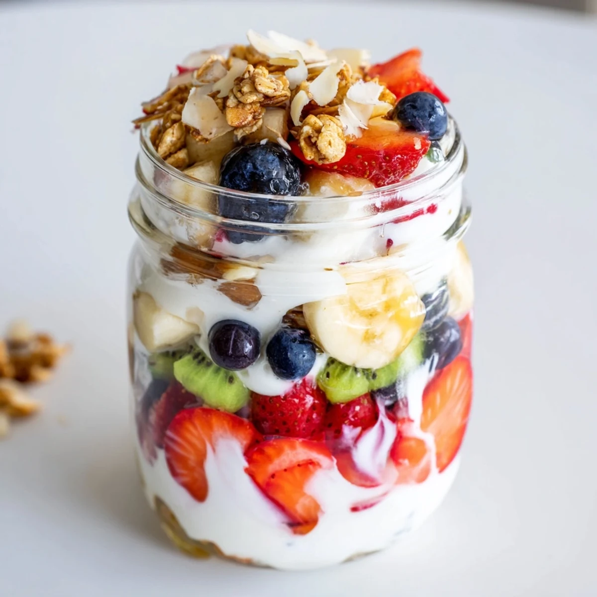 A close-up of a layered yogurt fruit parfait: colorful, refreshing breakfast with granola topping.