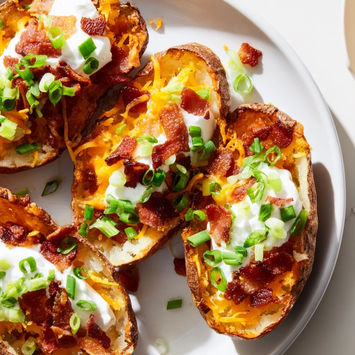 Golden-brown loaded baked potato skins topped with melted cheese, bacon, and sour cream.
