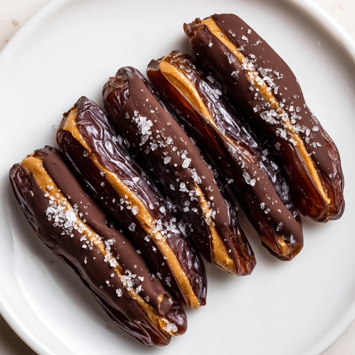 Close-up of freshly made Chocolate Peanut Butter Dates, perfectly drizzled with chocolate and sprinkled with sea salt.