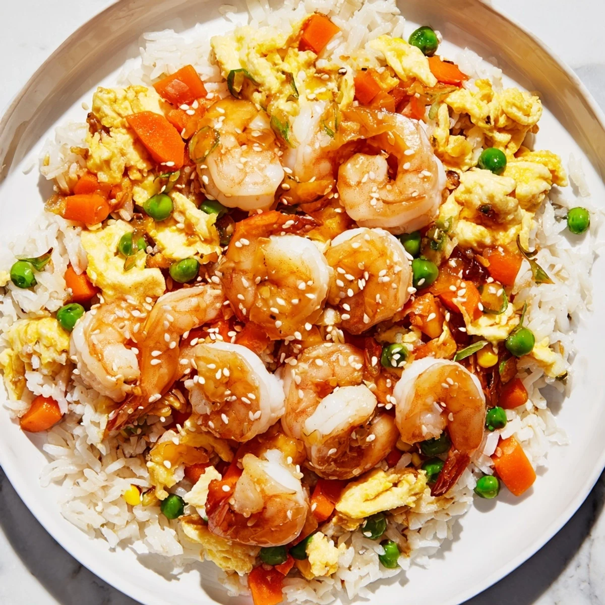 Scrumptious shrimp fried rice hack, showing tender shrimp and fluffy rice, ready to enjoy.