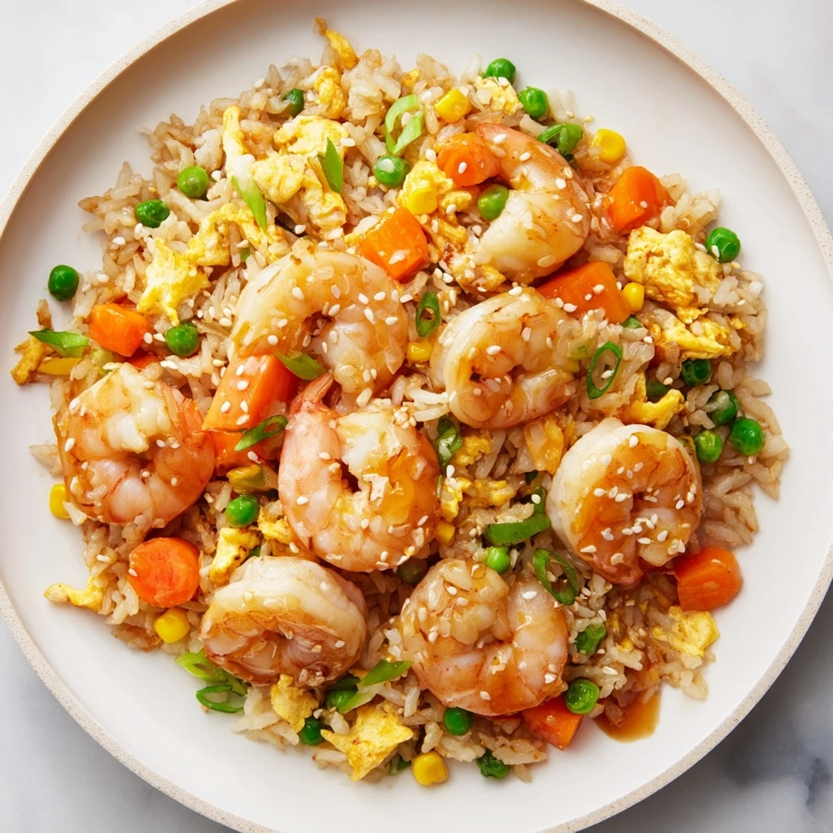 Golden, glistening shrimp fried rice hack recipe, piled high in a white bowl, perfect lunch idea.