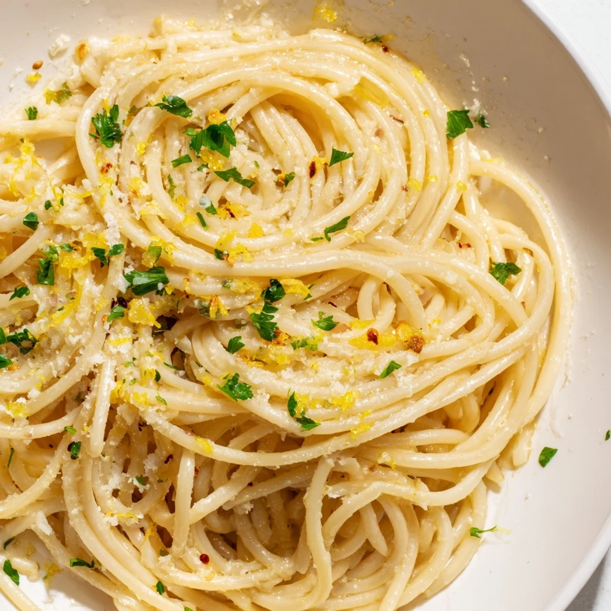 A close-up view of Garlic Butter Noodles, glistening with butter and parmesan cheese, a quick vegetarian main.