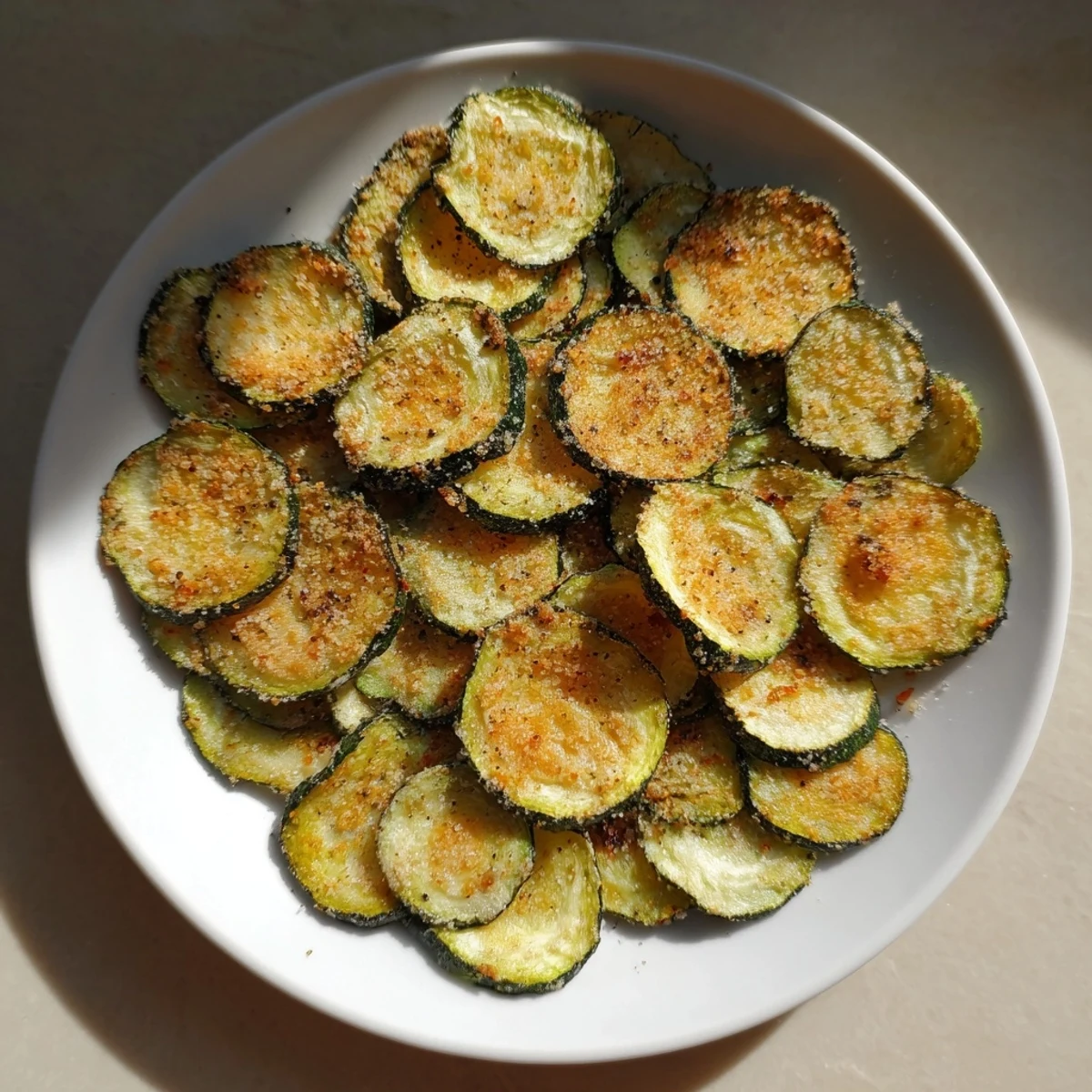 Freshly baked crispy zucchini chips, arranged on a baking sheet, calling for a quick, yummy bite.