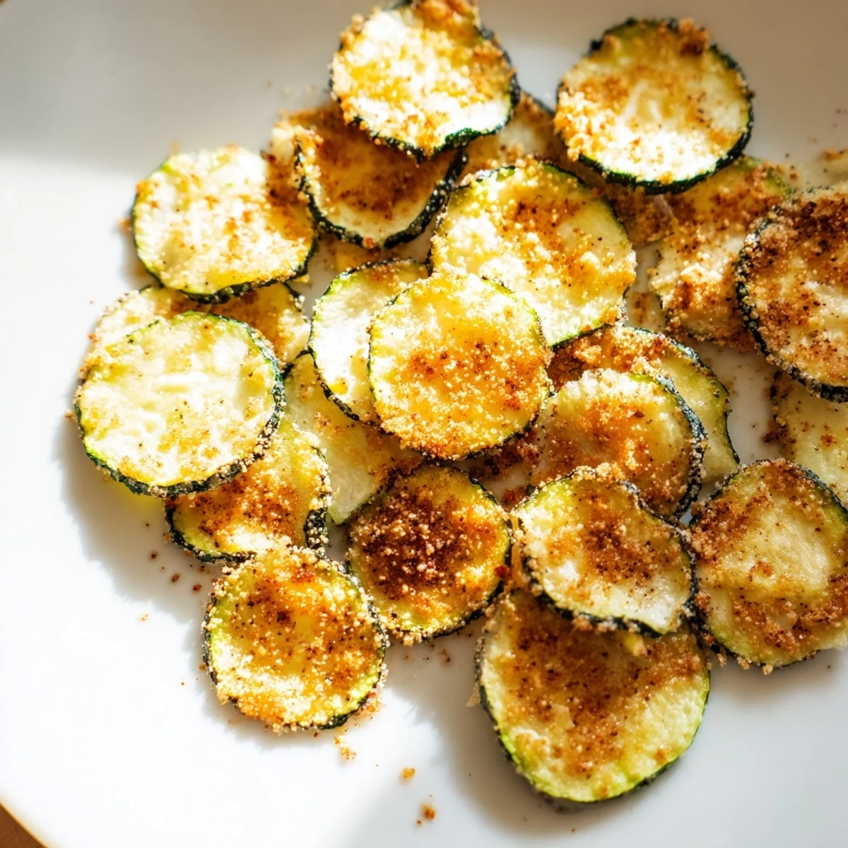 A close-up of baked, crispy zucchini chips, showing their golden edges and delicious, homemade look.