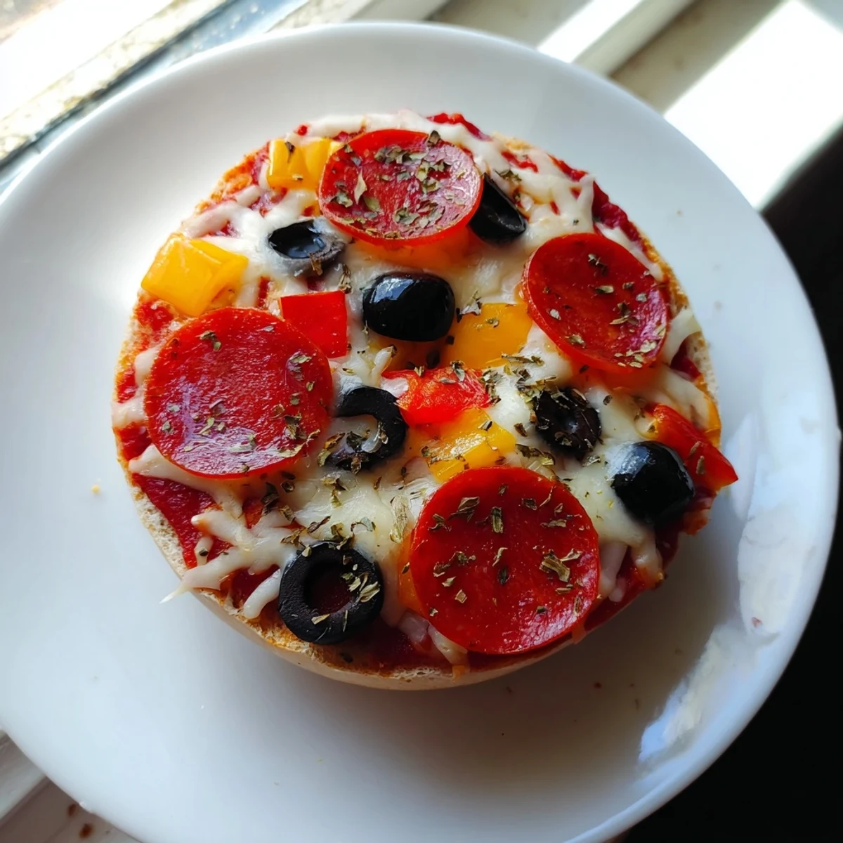 Air-fried mini bagel pizzas—a close-up showcases the bubbly cheese and savory toppings.