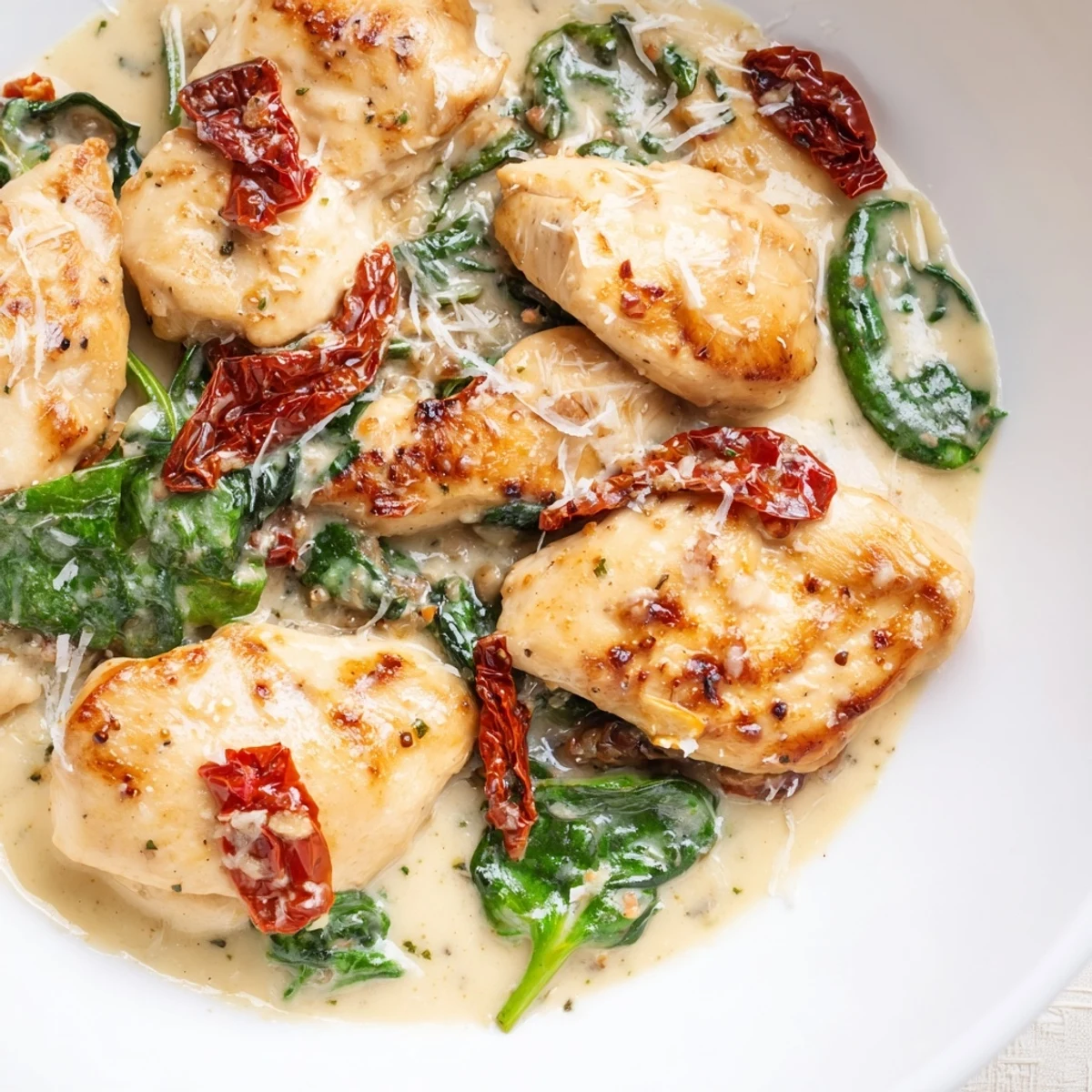 Creamy Tuscan Chicken simmering in a skillet, a perfect Italian-American dinner suggestion.