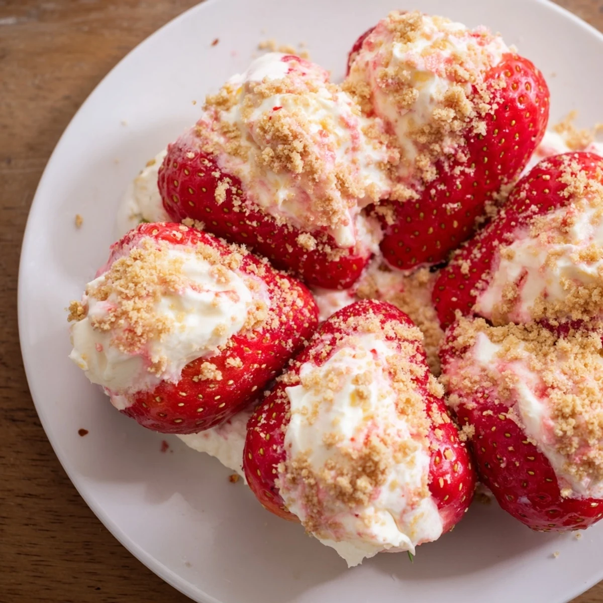 Fresh Cheesecake Stuffed Strawberries, bright red berries filled with creamy cheesecake, and crumbs.