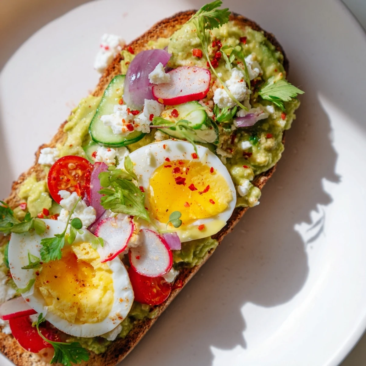 Enjoy a delicious plate of flavorful loaded avocado toast, perfect for brunch or a light meal.