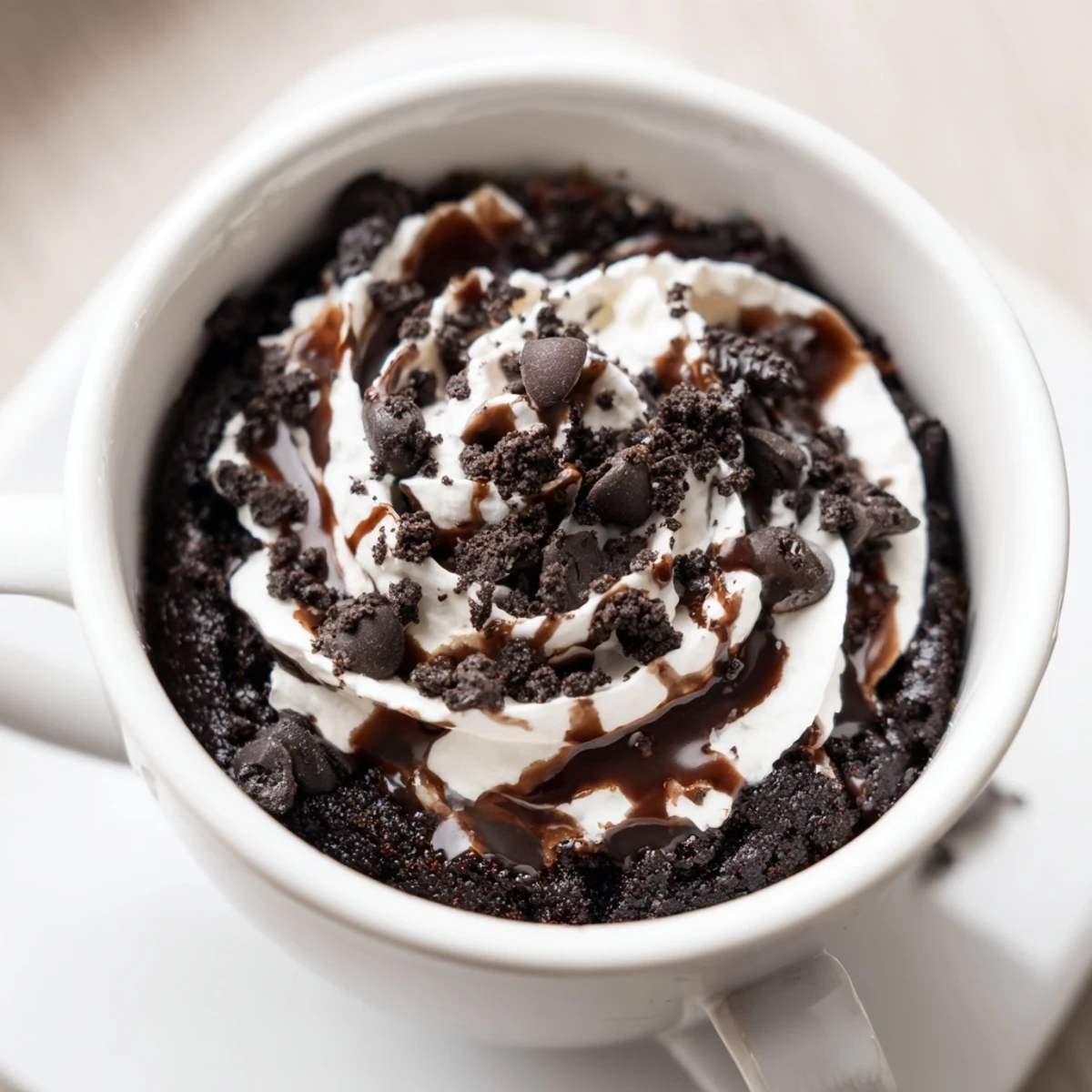 Warm, fudgy Oreo mug cake, easily made in minutes with creamy milk and crushed cookies.