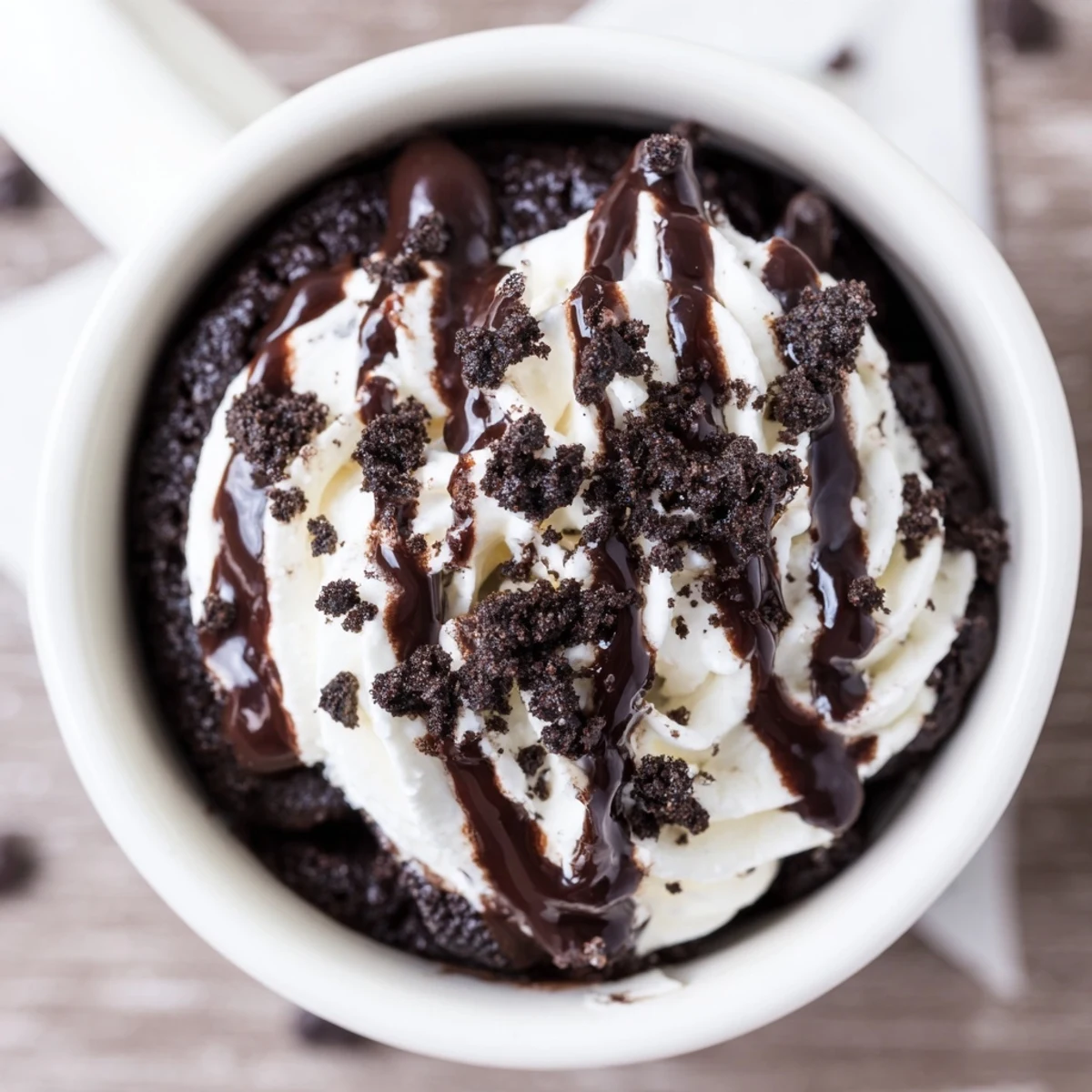 A single serving of fluffy Oreo mug cake, ready to eat with optional whipped cream topping.