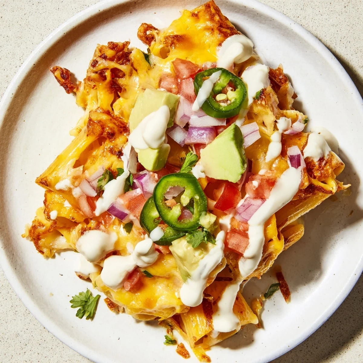 A close-up of pasta chips nachos with a drizzle of zesty sauce; a delicious appetizer idea.