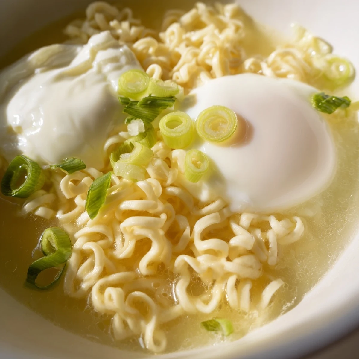 Upgrade Instant Ramen with Egg: A steaming bowl of upgraded ramen with a perfectly cooked soft-boiled egg.