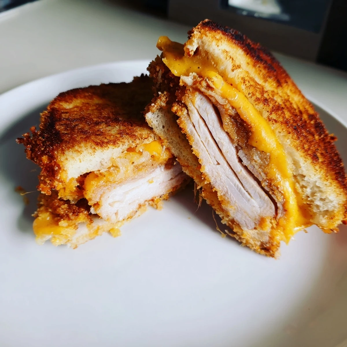 Golden, crisp-crusted Crispy Panko Pork Chop Grilled Cheese with melted cheddar oozing out.