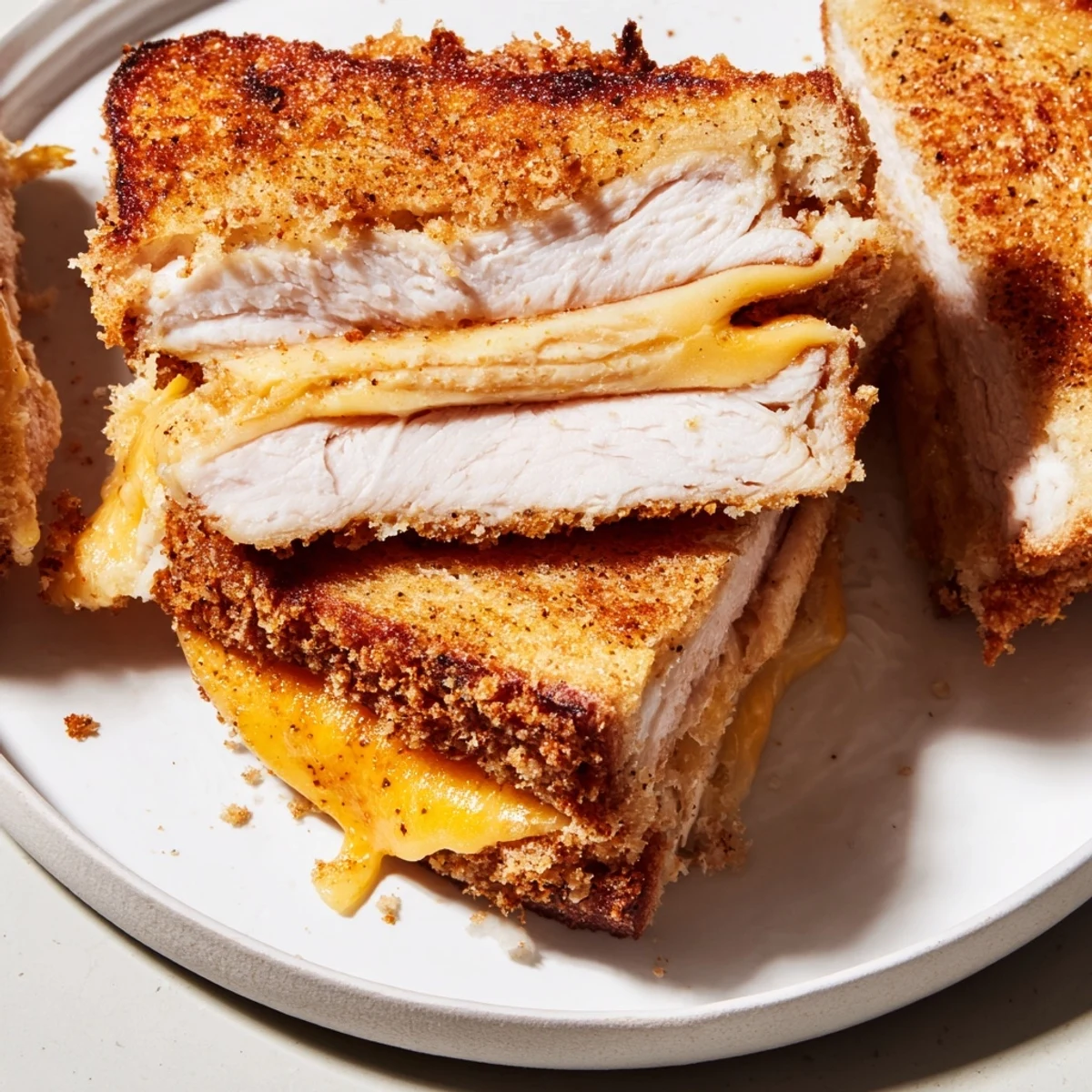 Layers of juicy pork chop slices nestle inside a warm, buttery Crispy Panko Pork Chop Grilled Cheese sandwich.