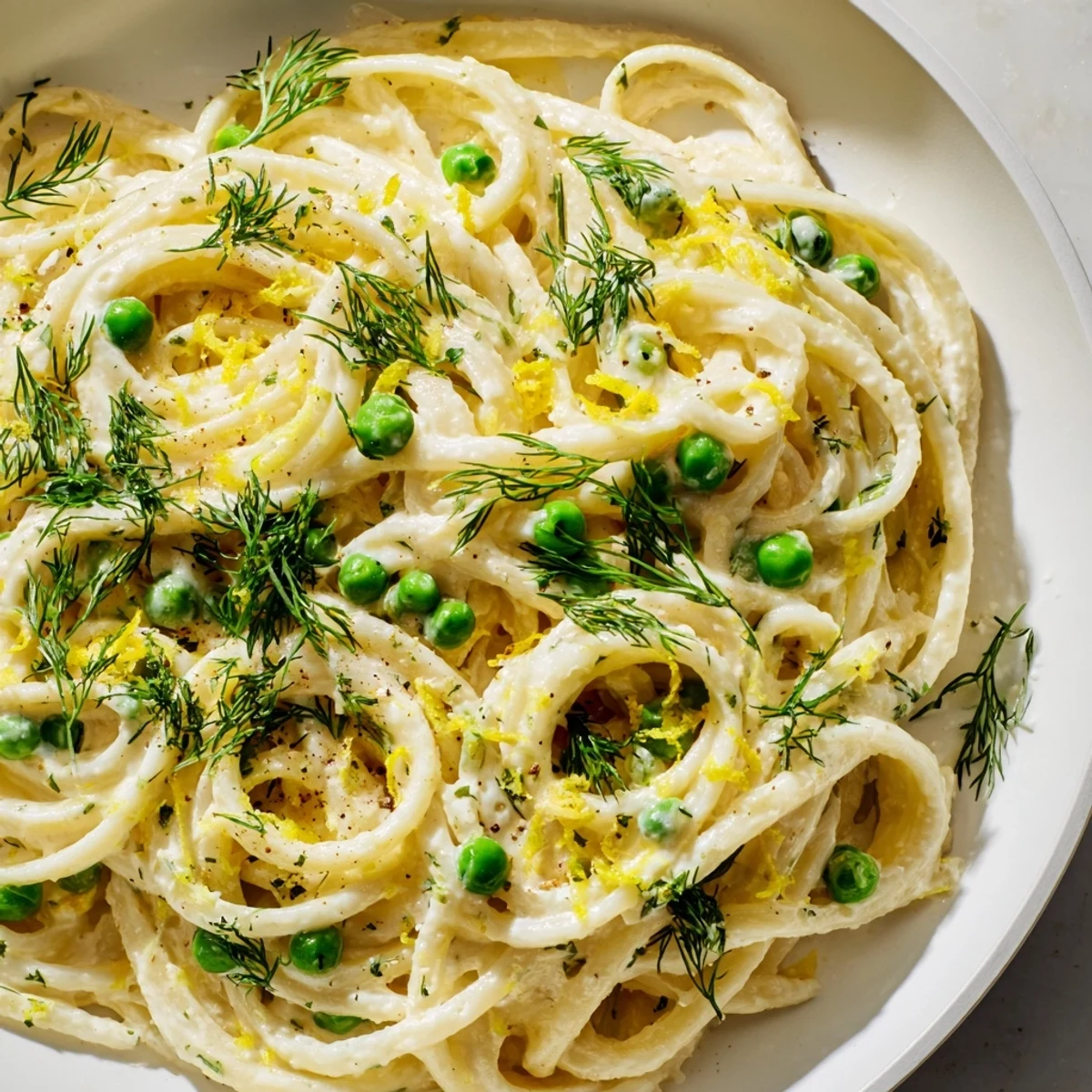 A steaming plate of Creamy Dill Pasta, garnished with fresh herbs, is ready to be enjoyed.