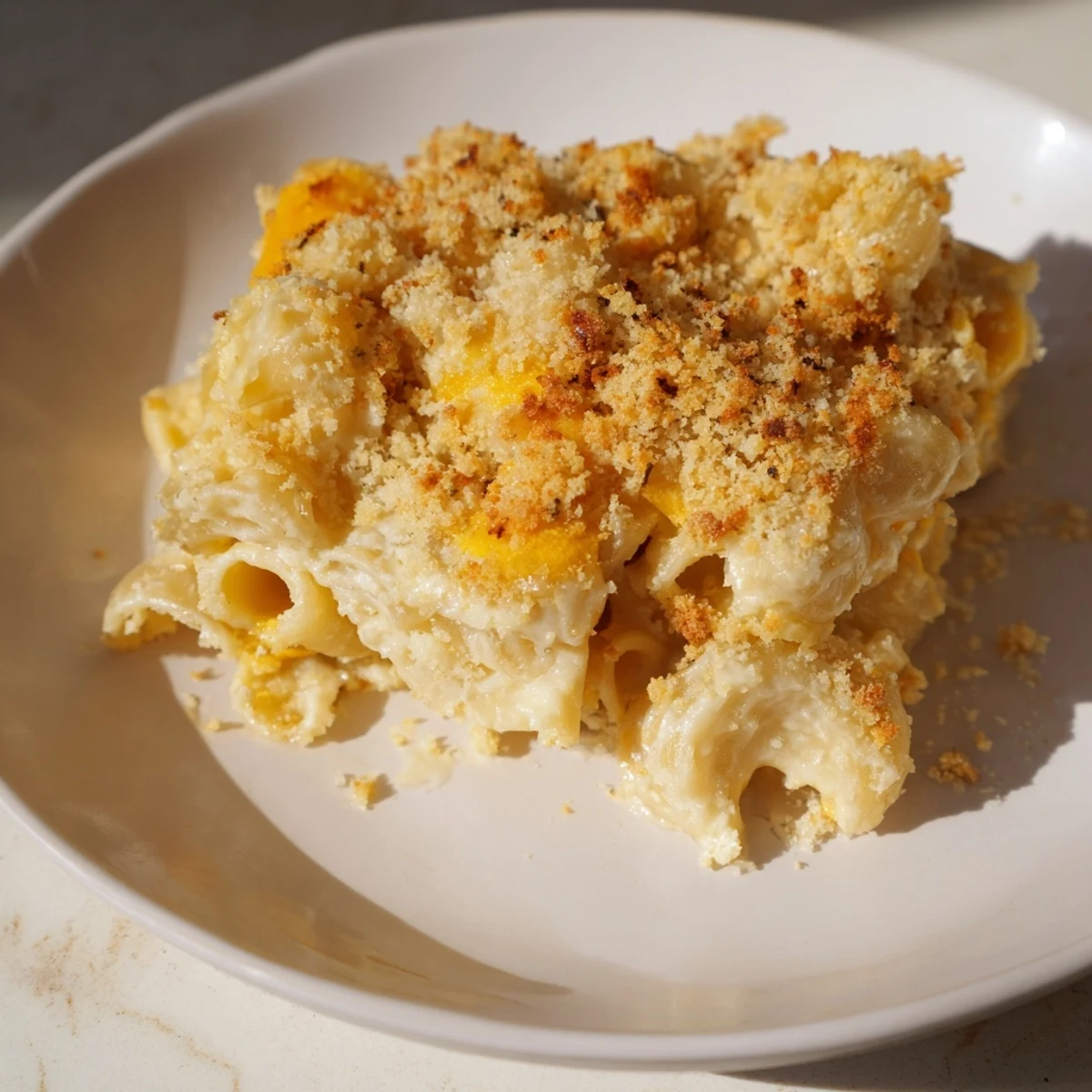 Golden-brown baked mac and cheese bubbling in a dish, ready for serving after a perfect bake.