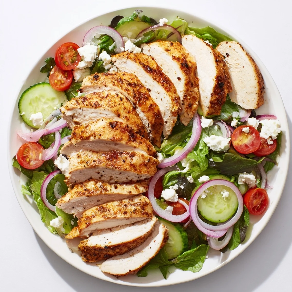 Warm, flavorful Quick Pan-Seared Chicken Salad, features golden chicken slices on a bed of vibrant salad.
