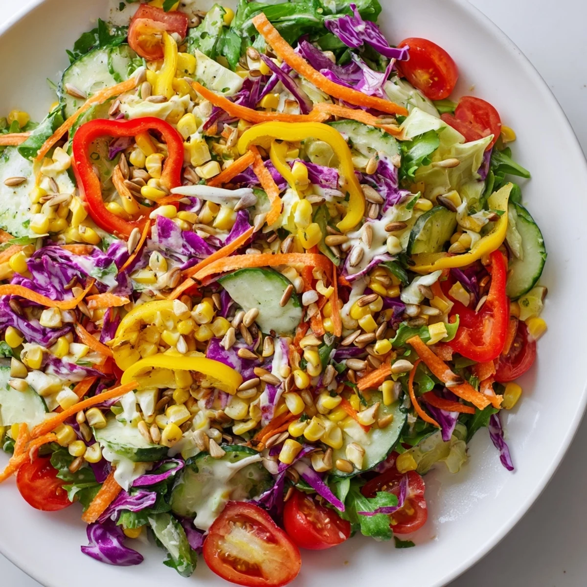 Colorful Rainbow Salad, a medley of crisp vegetables tossed with creamy tahini dressing, ready to enjoy.