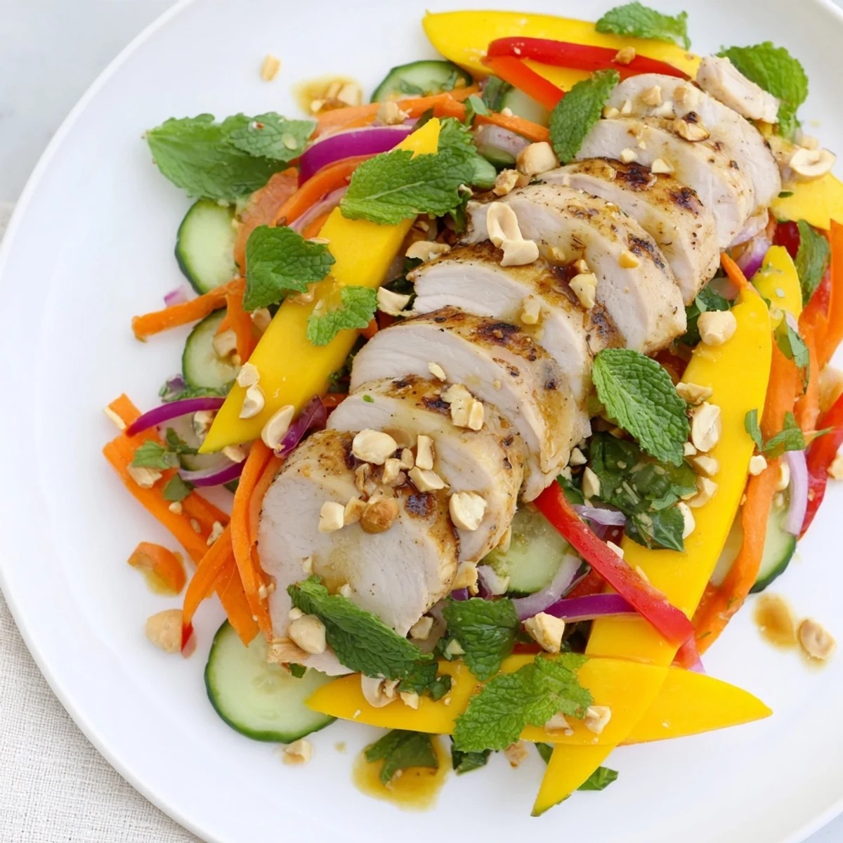 Tender grilled chicken and sweet mango slices star in this refreshing Thai Mango Chicken Salad recipe.