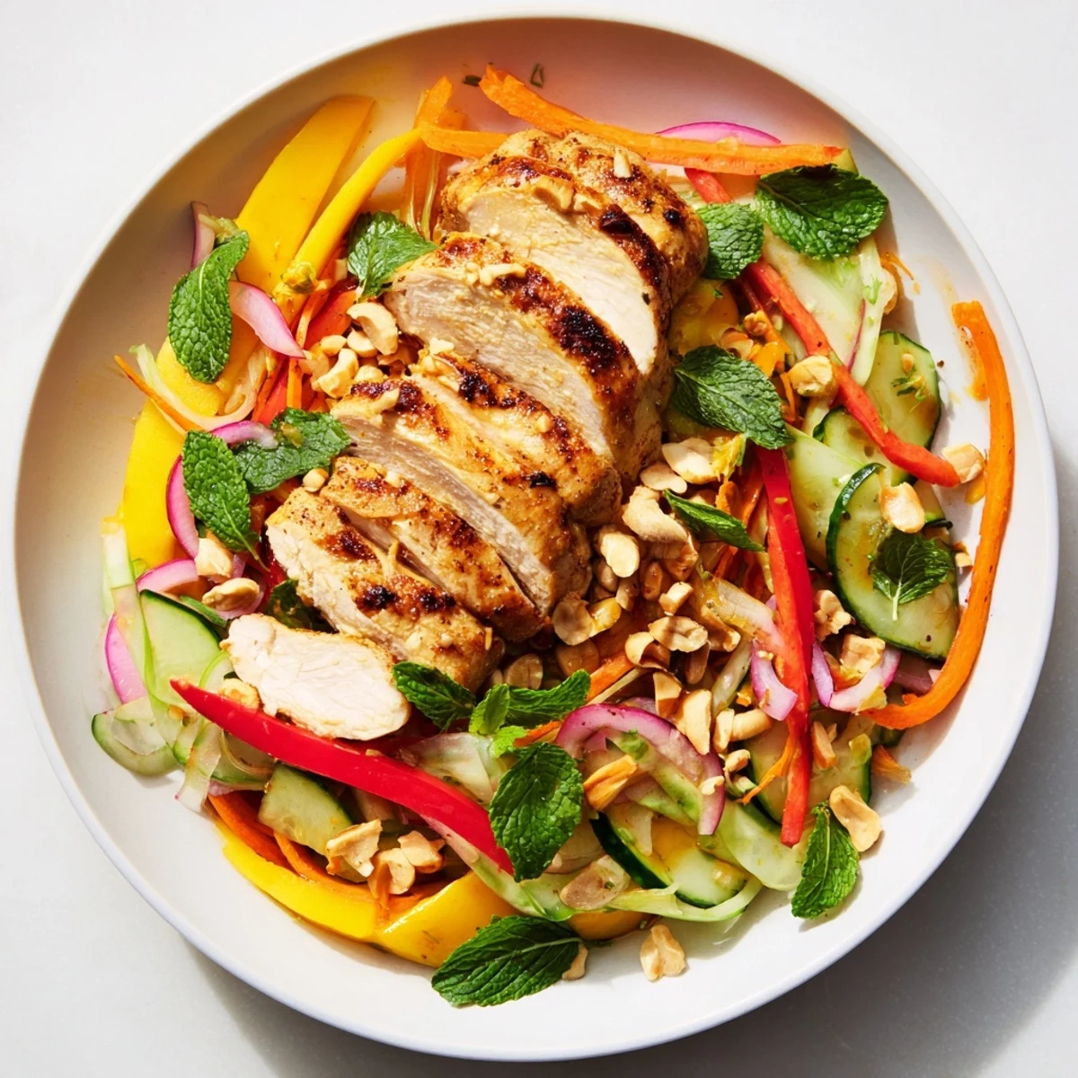 Thai Mango Chicken Salad overflowing with vibrant colors and drizzled with spicy lime dressing.