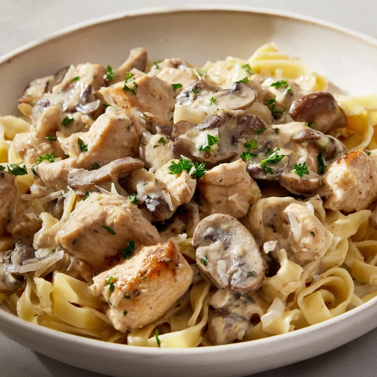Steaming Creamy Mushroom Chicken Pasta, a comforting Italian-American dinner, ready to serve!