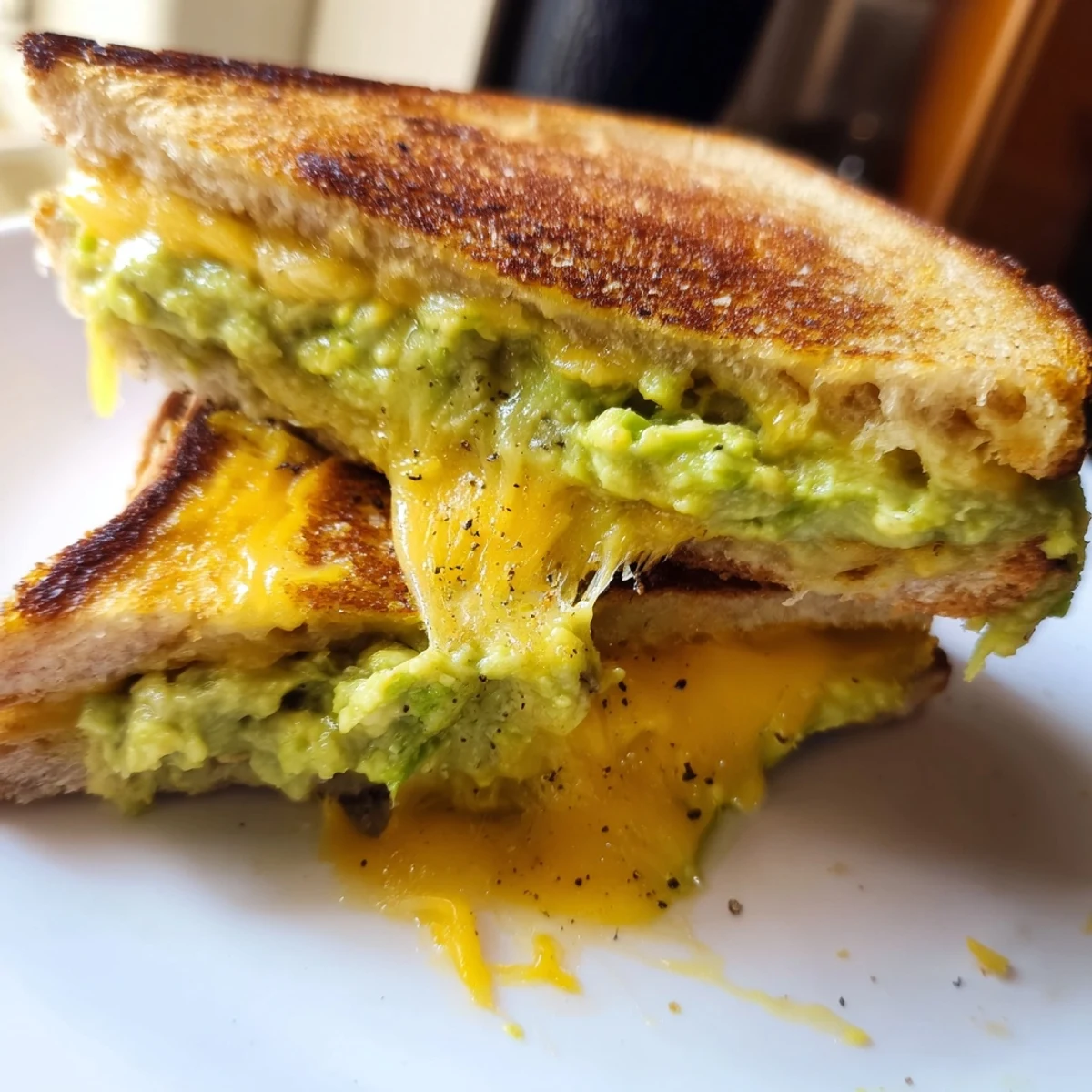 Golden, crispy Avocado Toast Grilled Cheese oozes melted cheddar, showcasing a comforting, American lunchtime favorite.