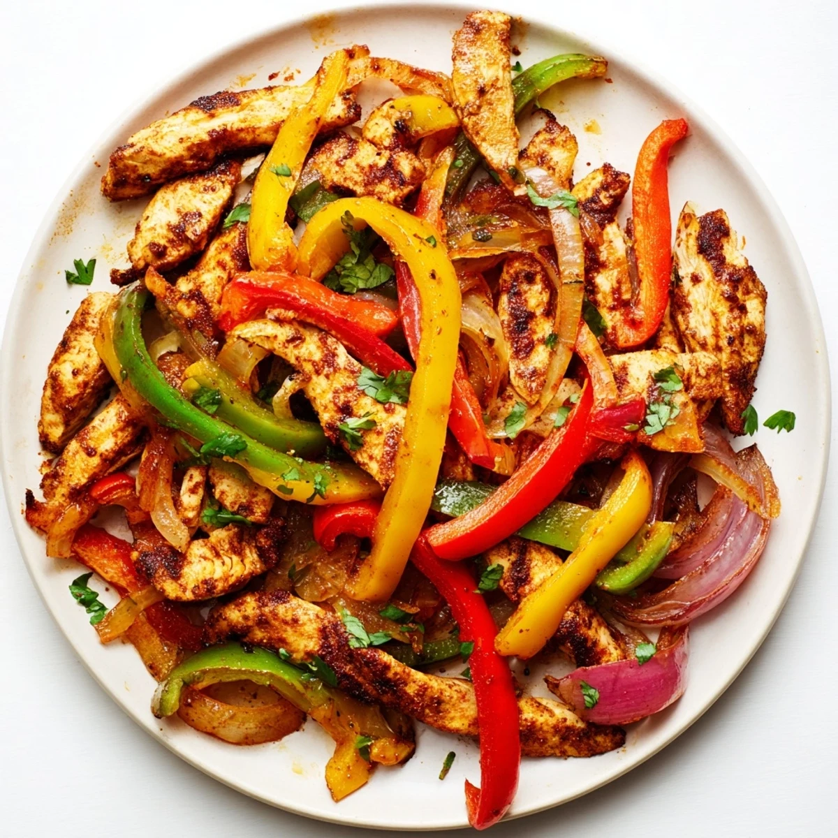 Sheet-pan chicken fajitas with sizzling peppers and onions, ready to be wrapped in a warm tortilla.