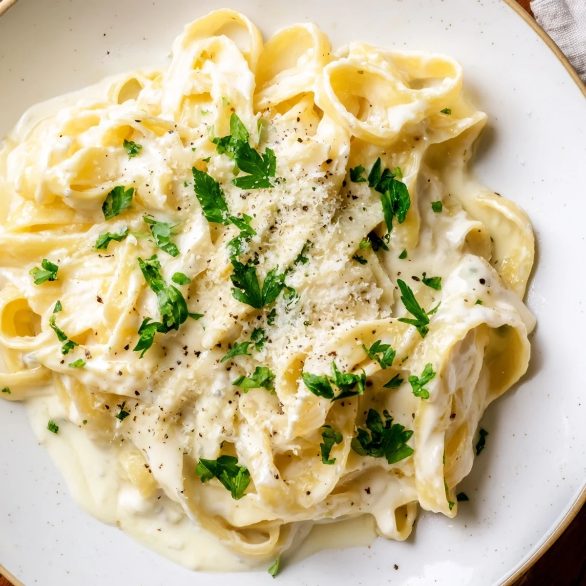 Creamy Cottage Cheese Alfredo Sauce, ready to coat pasta with a sprinkle of fresh parsley on top.
