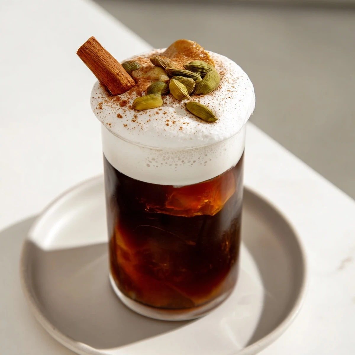 Homemade Iced Chai with Cold Foam: A creamy, chilled chai beverage topped with fluffy, sweet vanilla cold foam.