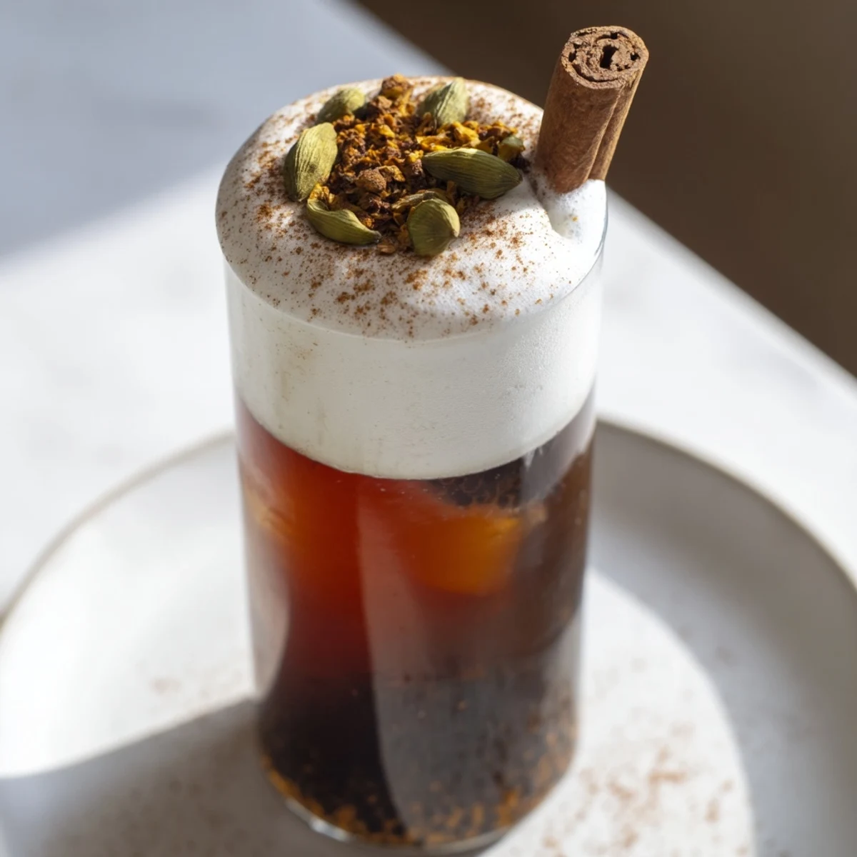 This photo features a beautifully layered Homemade Iced Chai with Cold Foam, ready to be sipped and savored.