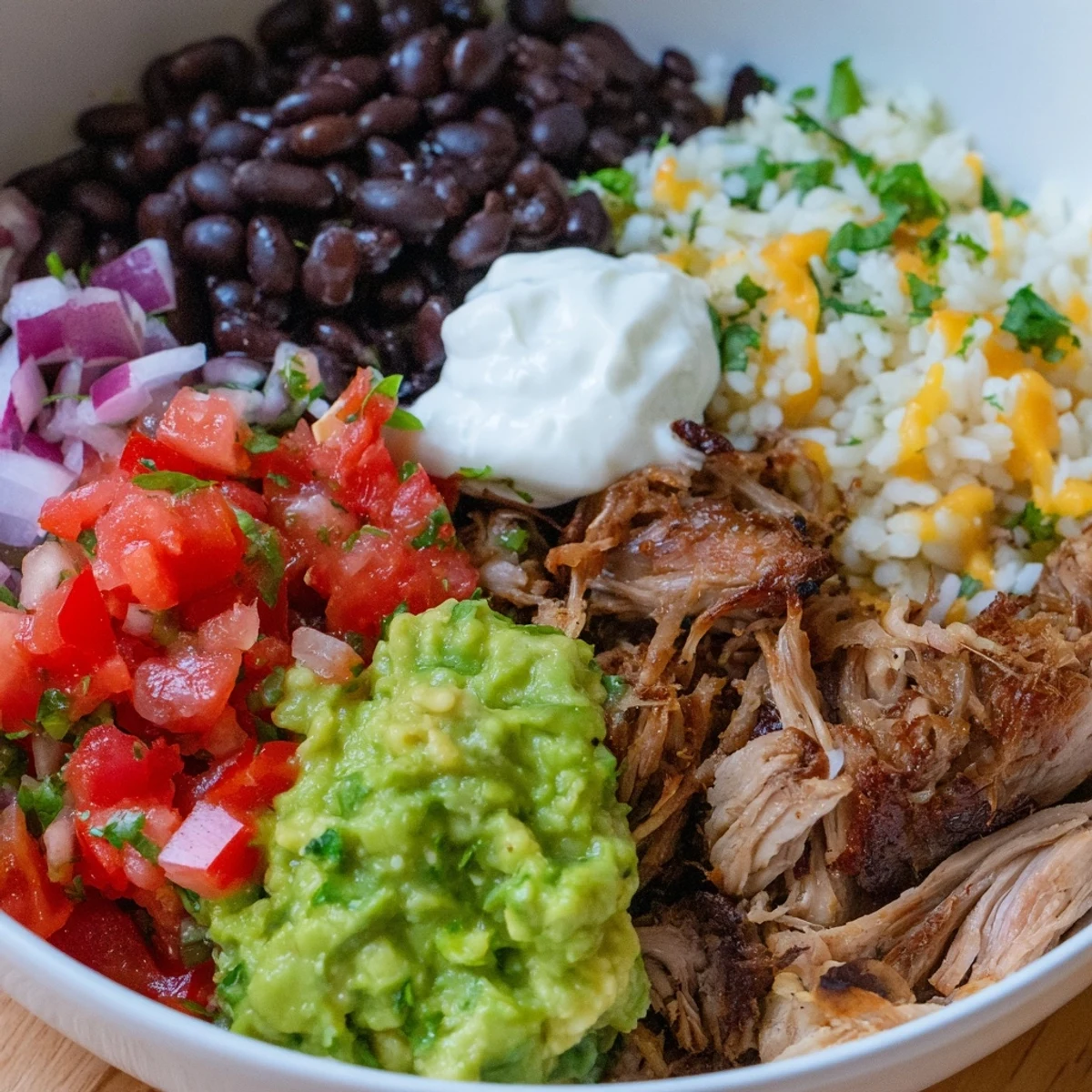 Chipotle Burrito Bowl Copycat with layers of carnitas, rice, and fresh toppings, ready to enjoy.